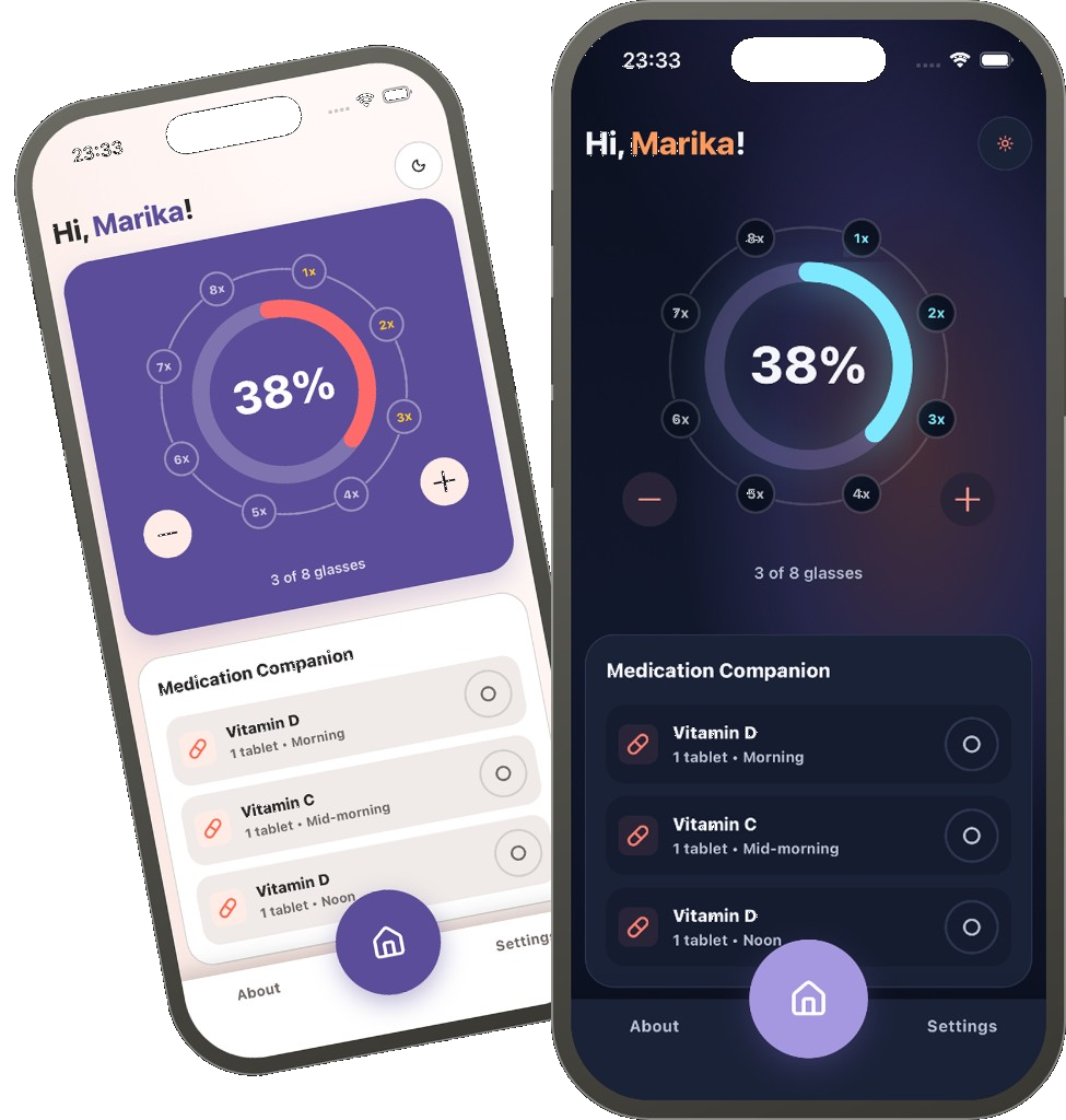 Sip & Pill home screen in light and dark mode