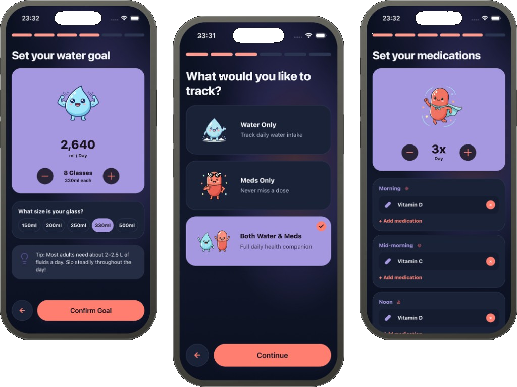 Sip & Pill setup screens for water and medication goals